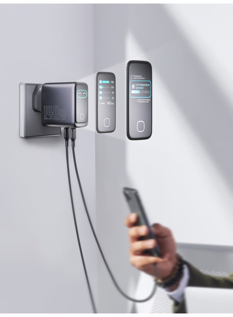 Powerology GaN Wall Charger with 140W PD Charging, 3USB-C&USB-A, Smart TFT Display, 240W USB-C to USB-C 1m Cable, Fast Charging GaN Wall Charger with Temperature Control, Foldable UK Plug, Simultaneous Charging - Image 5